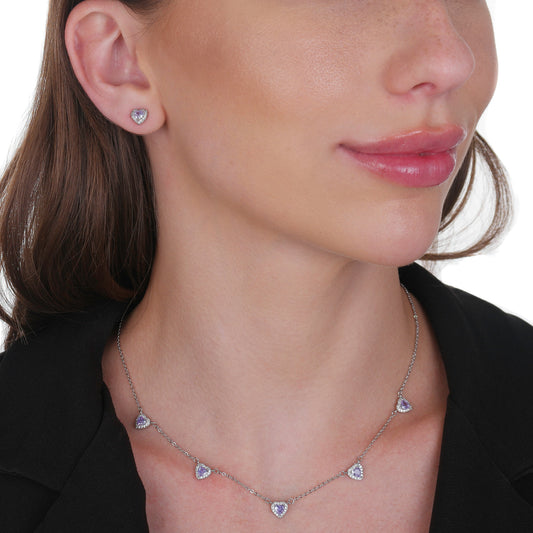 Conjunto Lilith Allure Prateado de Coração Lilás Cravejado de Zircônia. Lilith Allure Silver Jewelry Set – Lilac Heart Encrusted with Zirconia