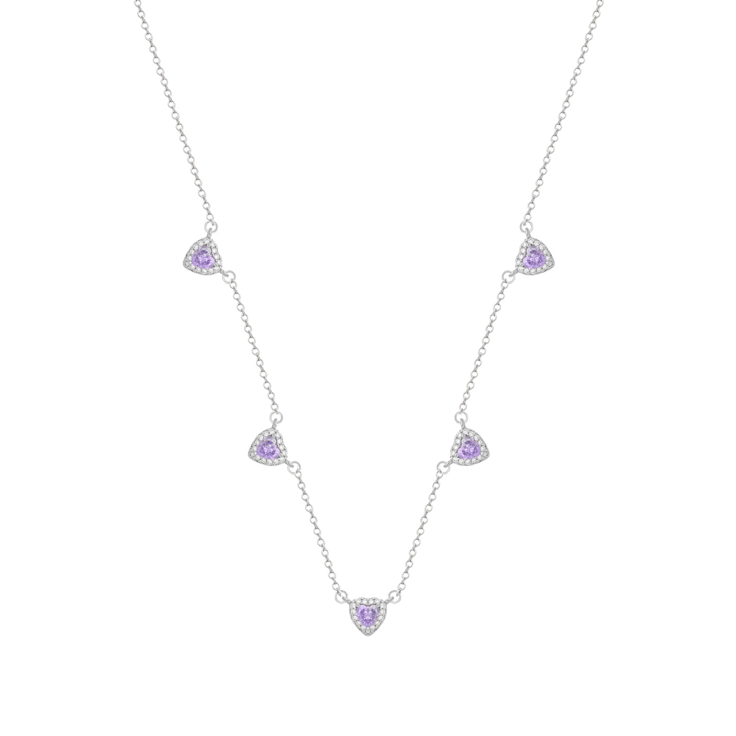 Conjunto Lilith Allure Prateado de Coração Lilás Cravejado de Zircônia. Lilith Allure Silver Jewelry Set – Lilac Heart Encrusted with Zirconia