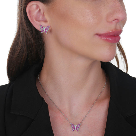 Conjunto Llilith Allure Prateado de Borboletas Cravejado de Zircônia Rosa. Silver Butterfly Set with Pink Zirconia Accents