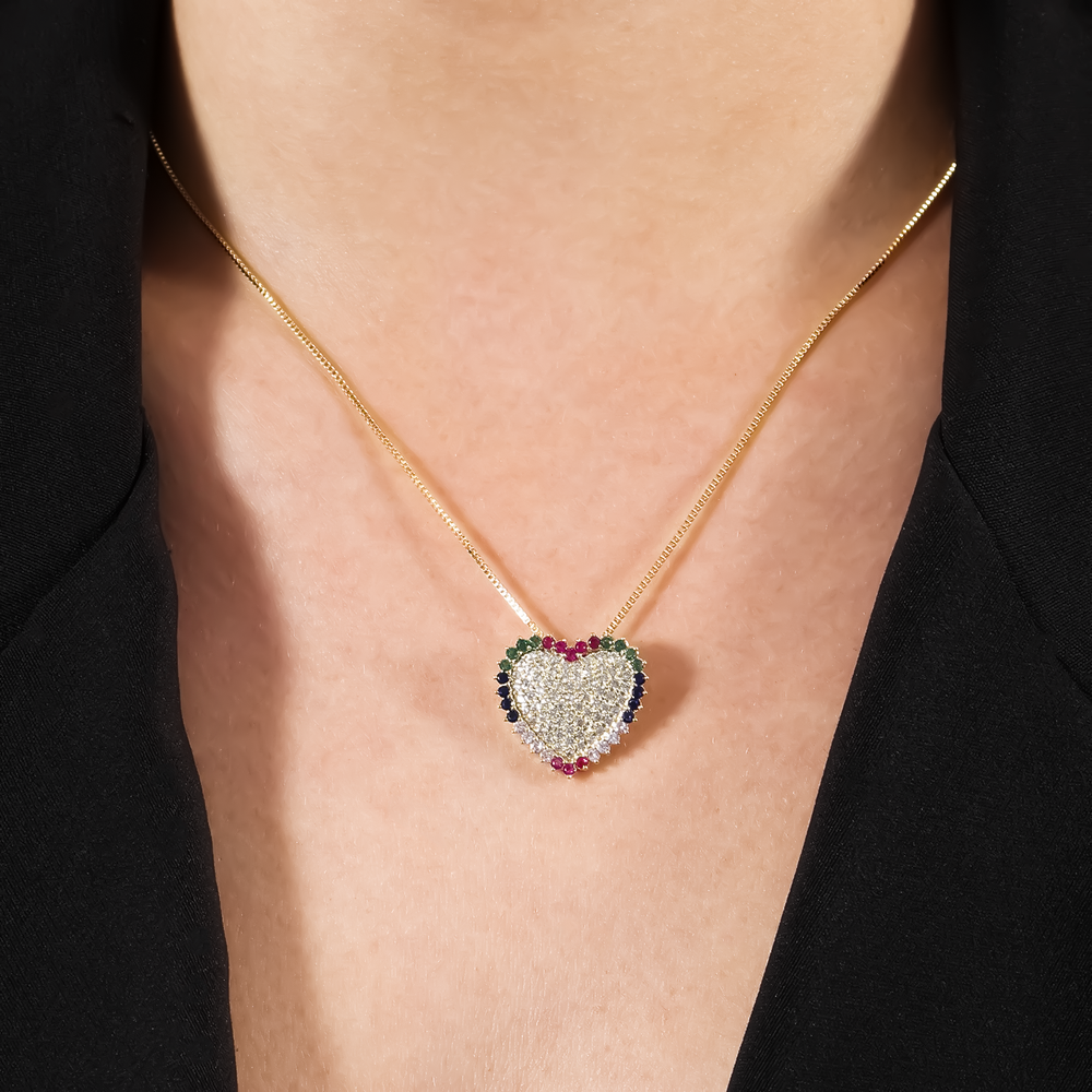 Colar Lilith Allure Dourado de Coração com Pedras Coloridas / Lilith Allure Gold Necklace with Heart and Colorful Stones