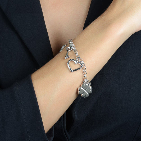 Pulseira Lilith Allure Prateada Elo Português com Coração, Cadeado, Trevo e Chave / Lilith Allure Silver Elo Portugues Bracelet with Heart, Lock, Clover, and Key Charms
