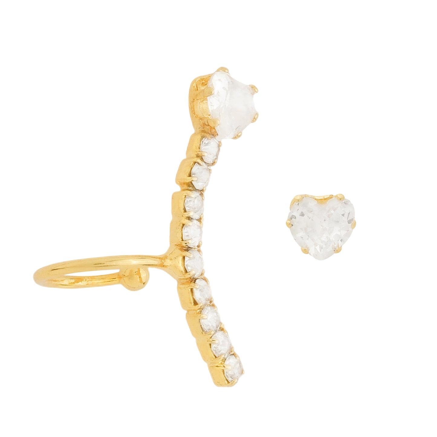 Piercing Lilith Allure Dourado Earcuff Coração Cravejado de Zircônia Com Brinco. Lilith Allure Gold Zirconia-Studded Heart Earcuff Piercing with Earring