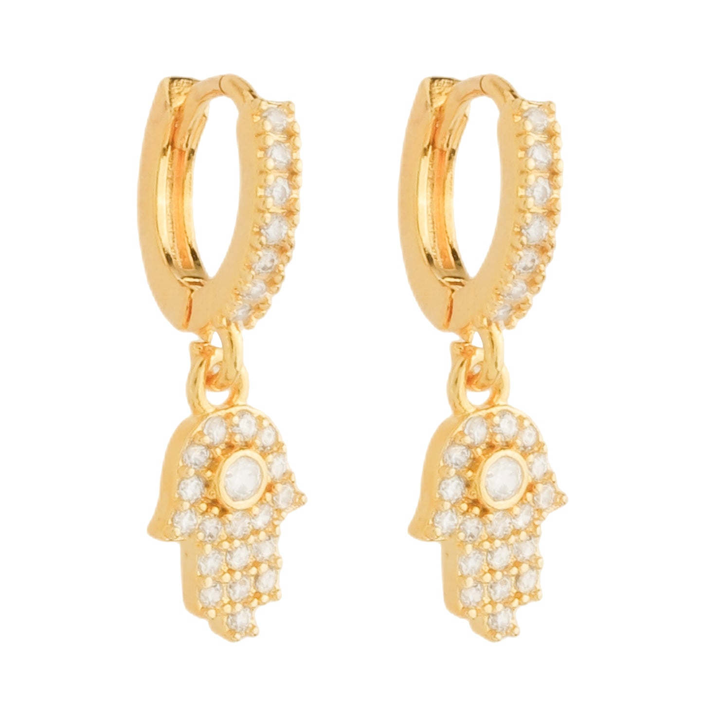 Brinco Lilith Allure Dourado Argolinha Mãos de Fátima Cravejado Zircônia. Lilith Allure Gold Huggie Hoops with Zirconia-Studded Hamsa Charms