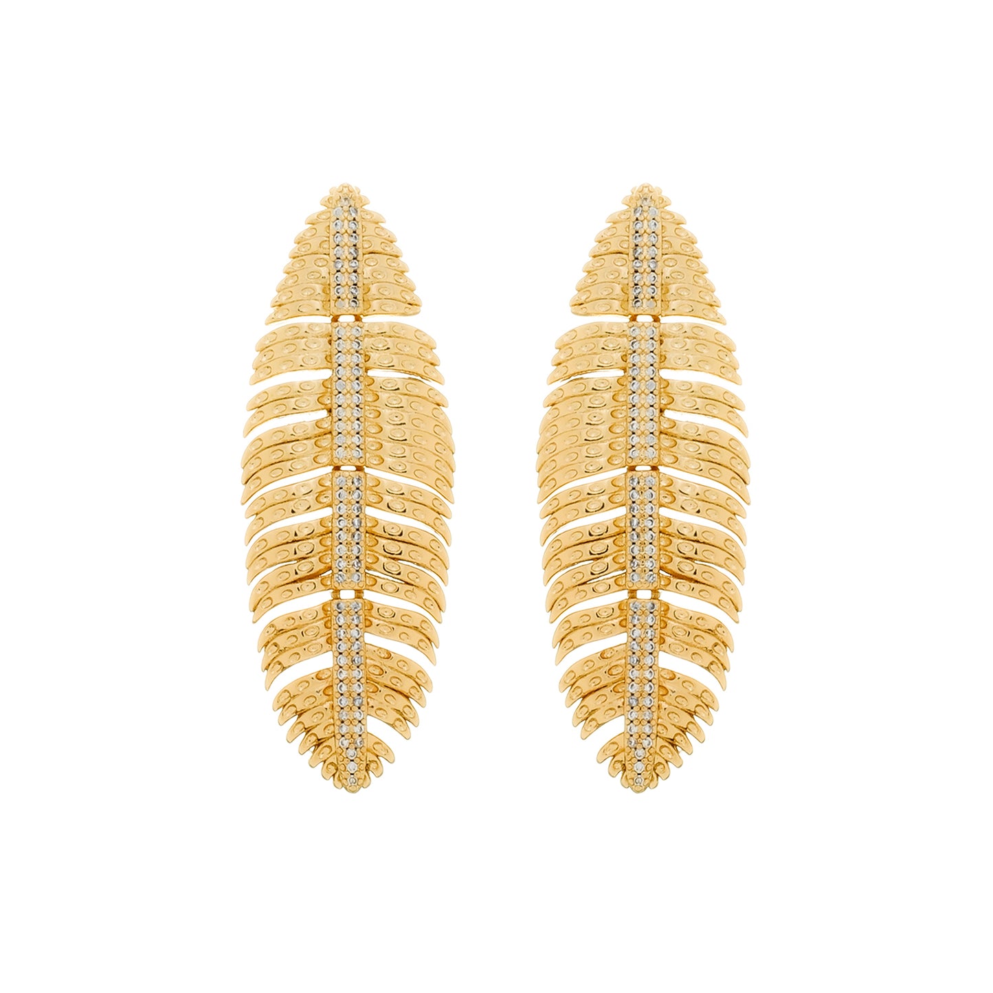 Brinco Lilith Allure Dourado de Pena Cravejado de Zircônia. Lilith Allure Gold Earrings with Zirconia-Studded Feather Design