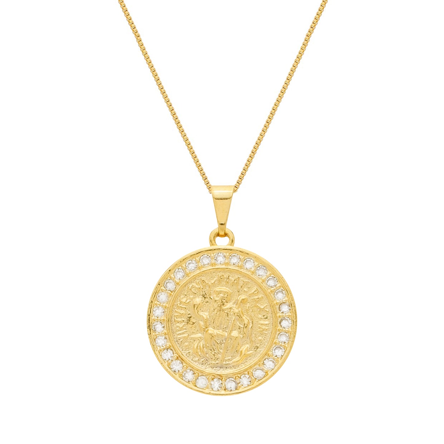 Colar Lilith Allure Dourado Medalha São Miguel Arcanjo Cravejado de Zircônia. Lilith Allure Gold Necklace with Saint Michael Archangel Medal Encrusted with Zirconia