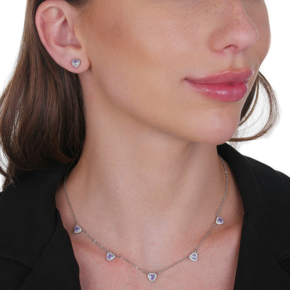 Conjunto Lilith Allure Prateado de Coração Lilás Cravejado de Zircônia. Lilith Allure Silver Jewelry Set – Lilac Heart Encrusted with Zirconia