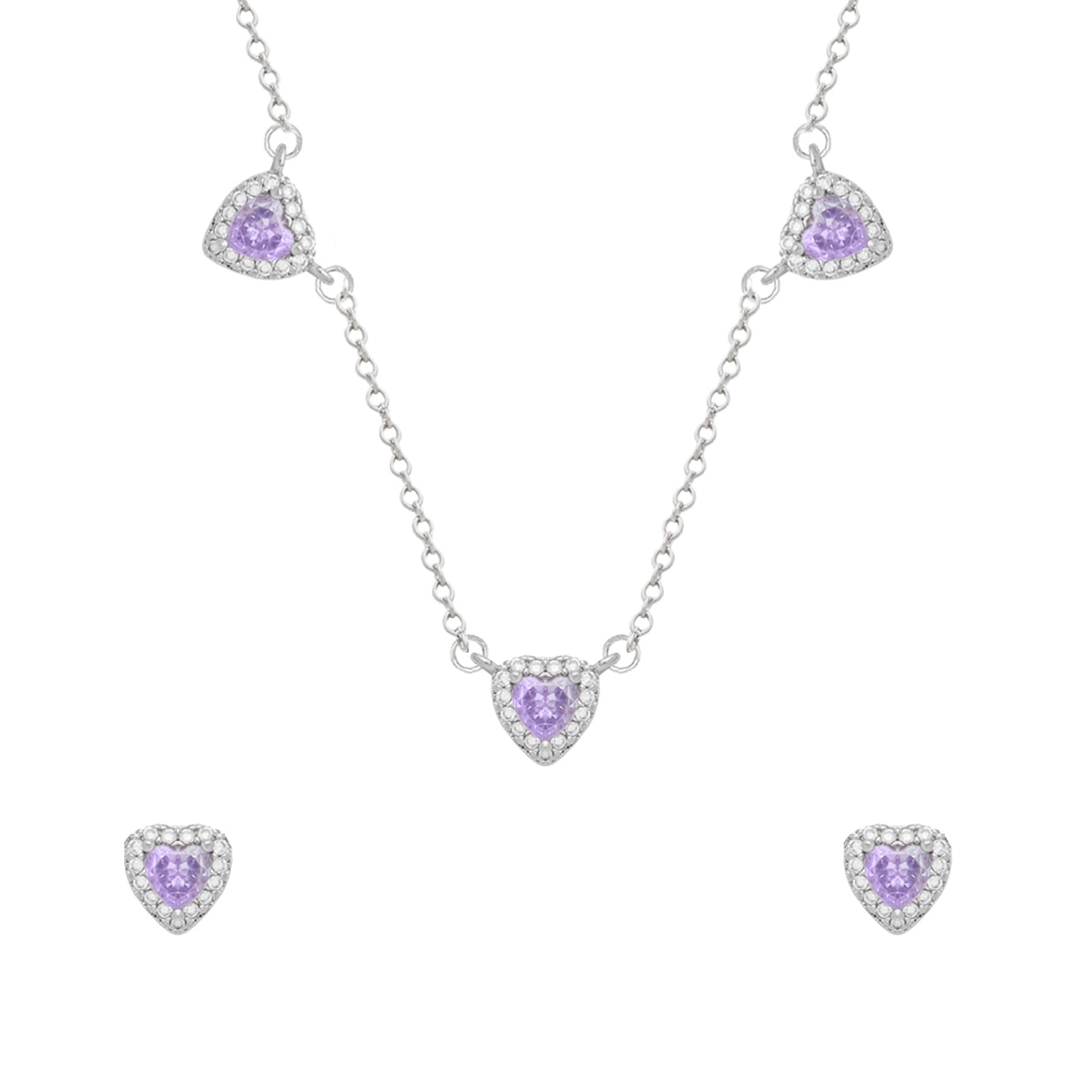 Conjunto Lilith Allure Prateado de Coração Lilás Cravejado de Zircônia. Lilith Allure Silver Jewelry Set – Lilac Heart Encrusted with Zirconia