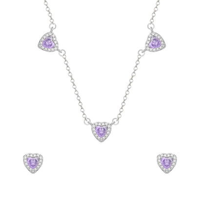 Conjunto Lilith Allure Prateado de Coração Lilás Cravejado de Zircônia. Lilith Allure Silver Jewelry Set – Lilac Heart Encrusted with Zirconia