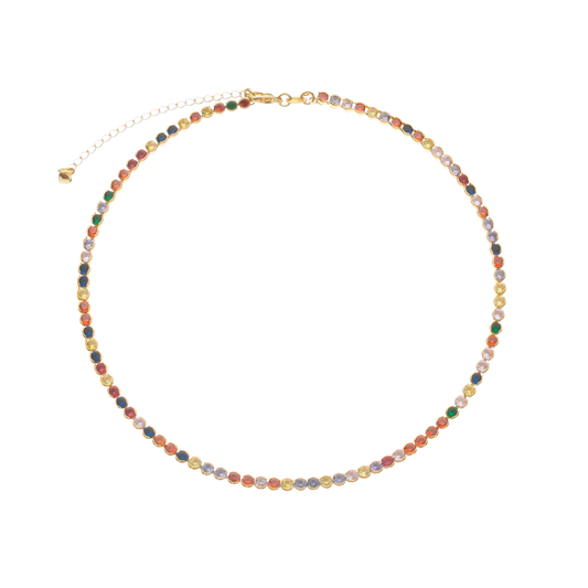 Colar Lilith Allure Dourado Chocker Riviera Pedras Coloridas / Lilith Allure Gold Choker Riviera Necklace with Colored Stones