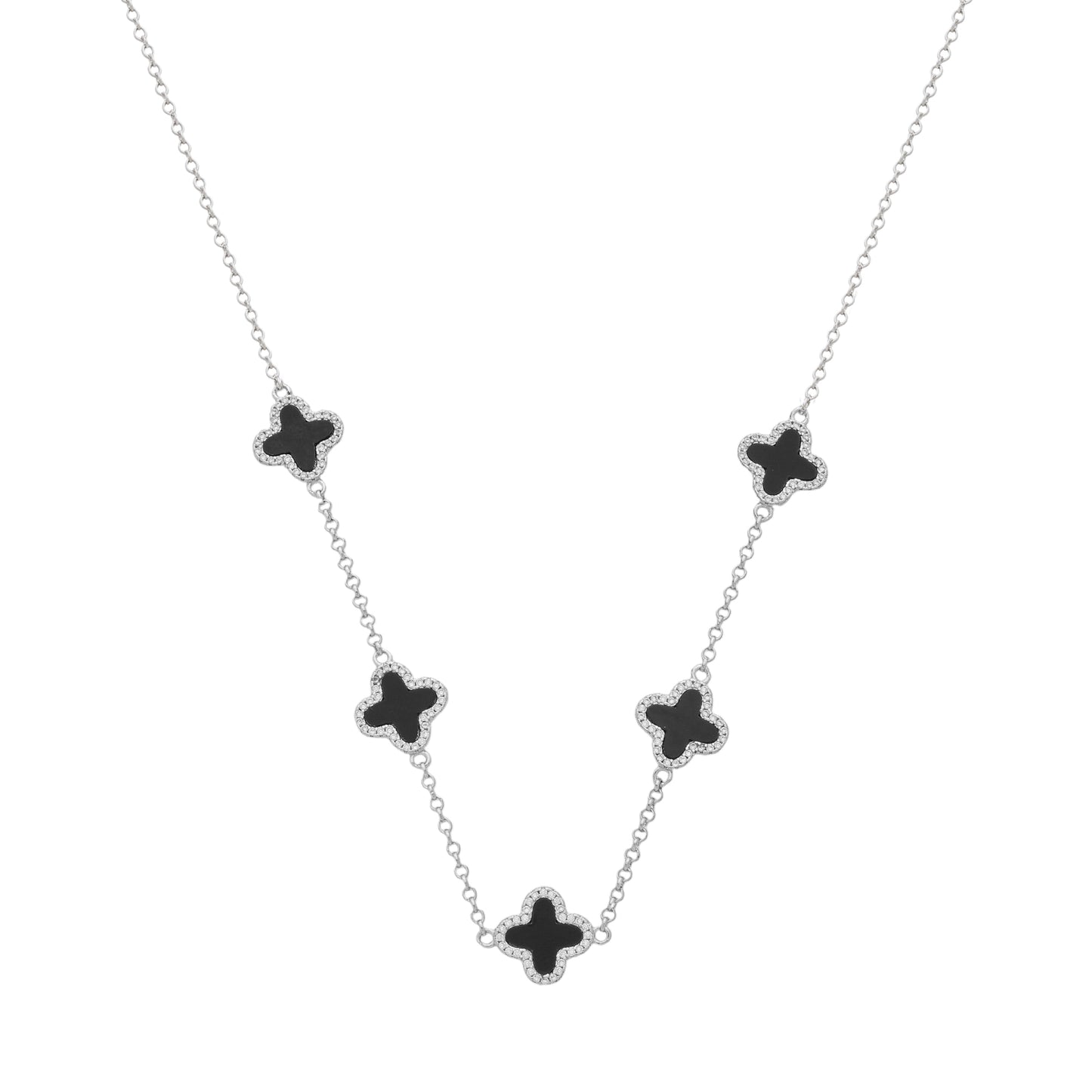 Colar Lilith Allure Prateado de Trevos Pretos Cravejados de Zircônia. Lilith Allure Silver Necklace Encrusted with Black Clover Zirconia