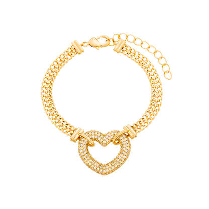 Pulseira Lilith Allure Dourada de Coração Vazado Cravejado com Zircônia. Lilith Allure Gold Hollow Heart Bracelet Encrusted with Zirconia