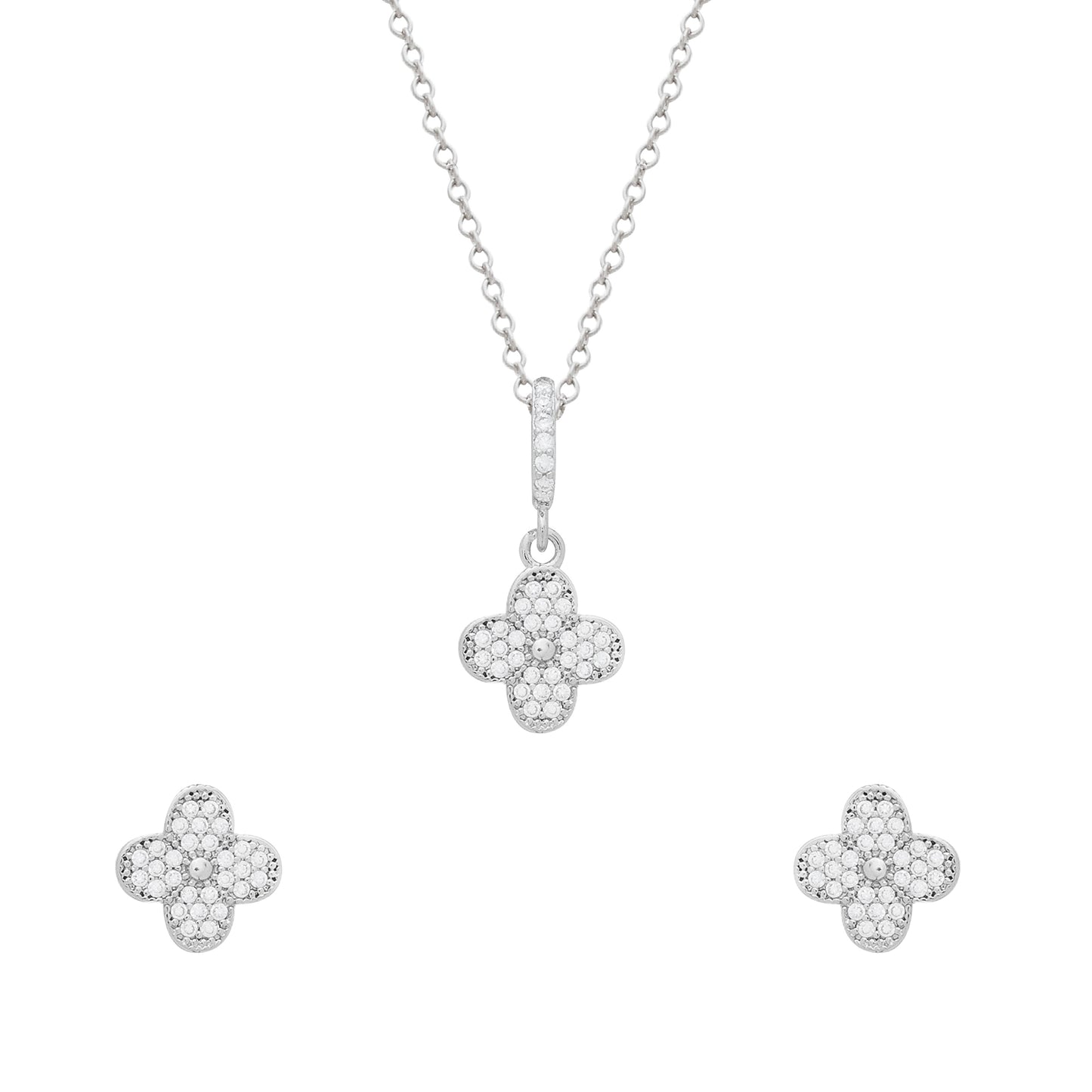 Conjunto Llilith Allure Prateado de Trevo Cravejado de Zircônia. Lilith Allure Silver Clover Set Embellished with Cubic Zirconia