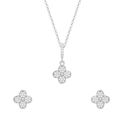 Conjunto Llilith Allure Prateado de Trevo Cravejado de Zircônia. Lilith Allure Silver Clover Set Embellished with Cubic Zirconia