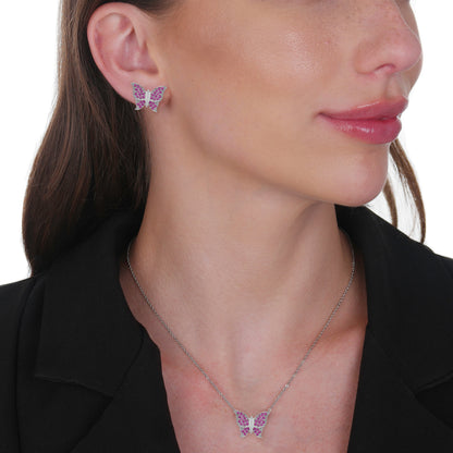 Conjunto Llilith Allure Prateado de Borboletas Cravejado de Zircônia Rosa. Silver Butterfly Set with Pink Zirconia Accents
