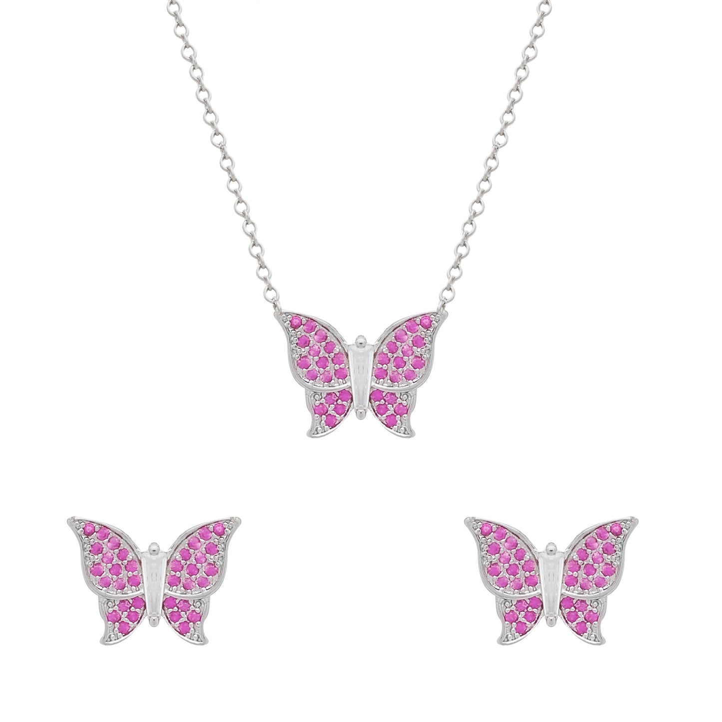 Conjunto Llilith Allure Prateado de Borboletas Cravejado de Zircônia Rosa. Silver Butterfly Set with Pink Zirconia Accents