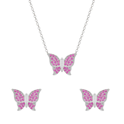 Conjunto Llilith Allure Prateado de Borboletas Cravejado de Zircônia Rosa. Silver Butterfly Set with Pink Zirconia Accents