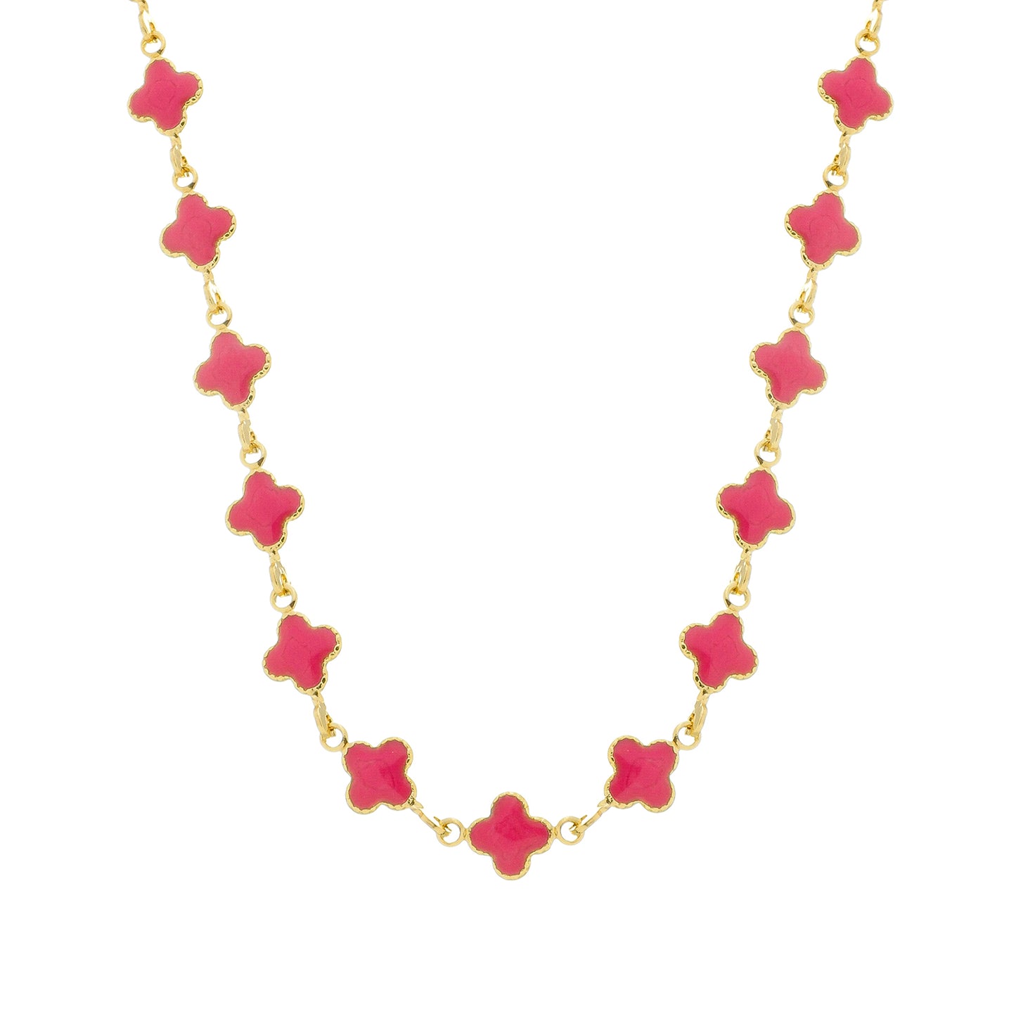 Colar Lilith Allure Dourado de Trevos Rosas. Lilith Allure Gold Clover Necklace with Pink Zirconia