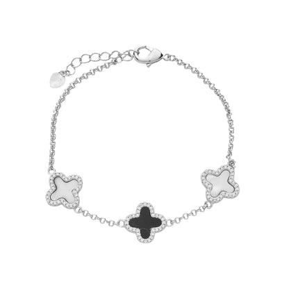 Pulseira Prateada de Trevos Pretos e Brancos Cravejados de Zircônia. Lilith Allure Silver Bracelet with Black and White Clover Zirconia Accents