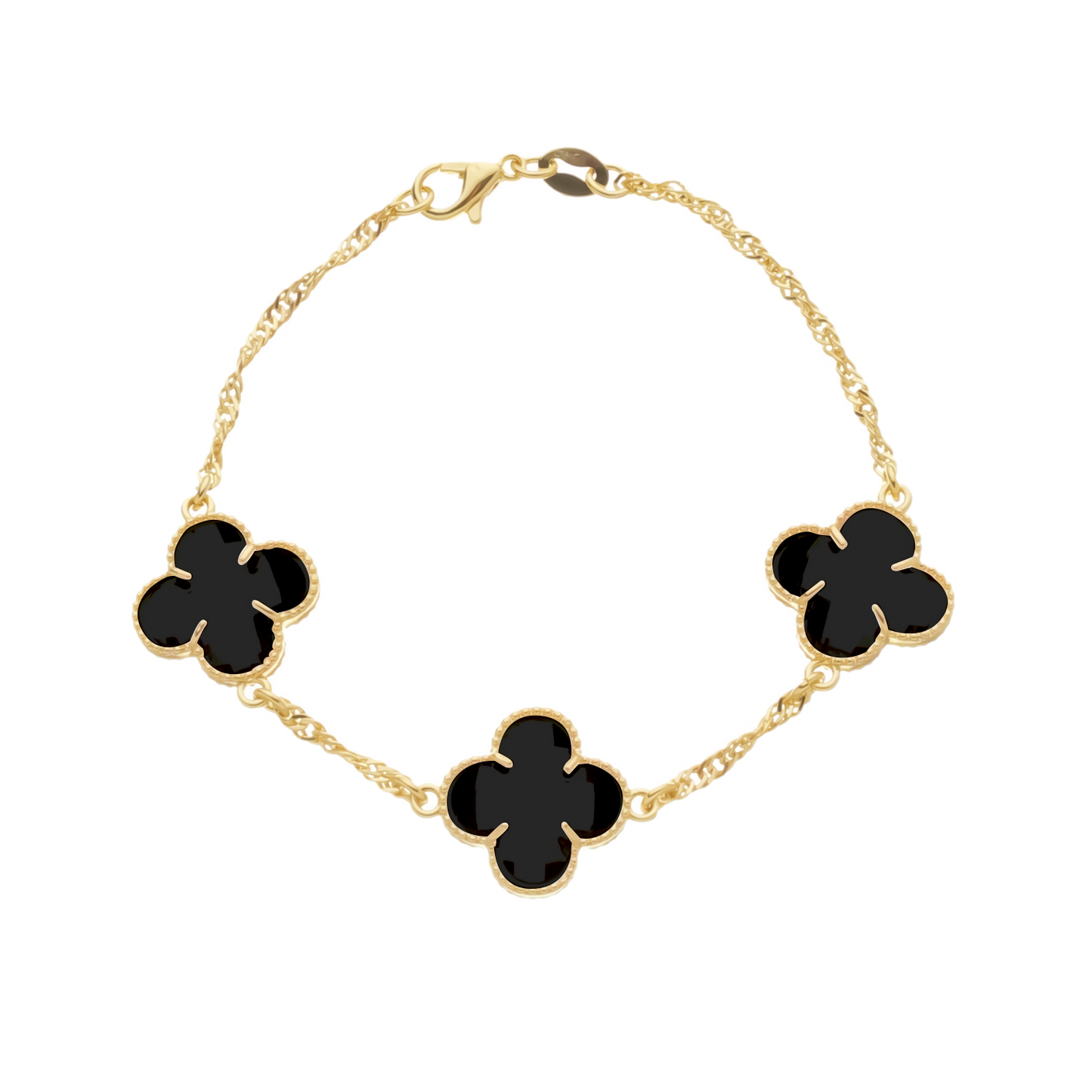 Pulseira Lilith Allure Dourada Trevos Zircônia Preta. Lilith Allure Gold Bracelet with Black Zirconia Clovers