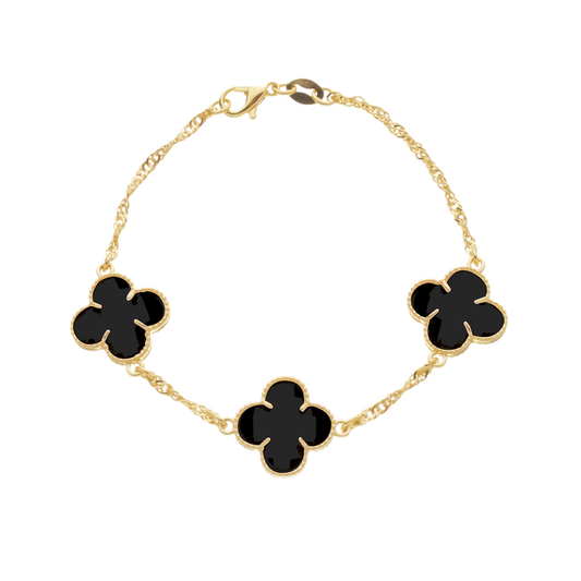 Pulseira Lilith Allure Dourada Trevos Zircônia Preta. Lilith Allure Gold Bracelet with Black Zirconia Clovers