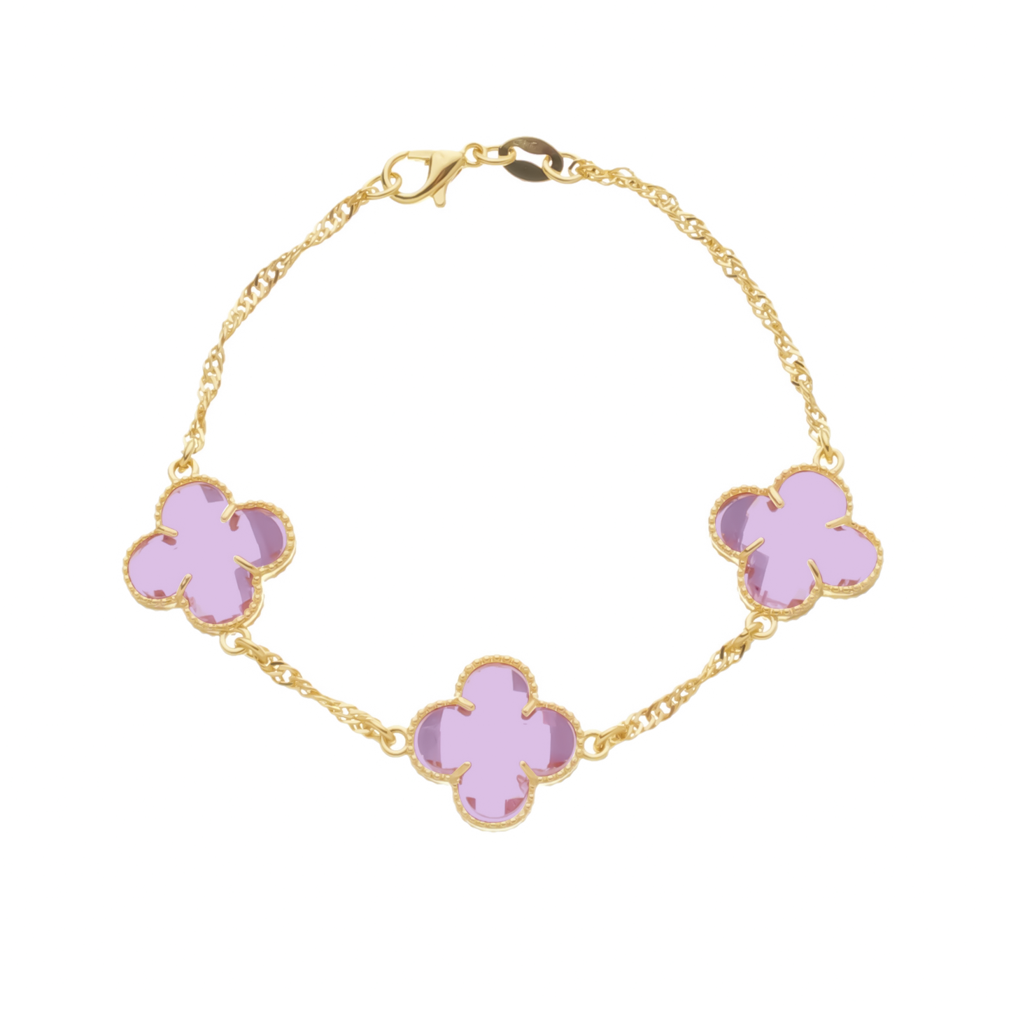 Pulseira Lilith Allure Dourada Trevos Zircônia Rosa. Lilith Allure Gold Bracelet with Pink Zirconia Clover