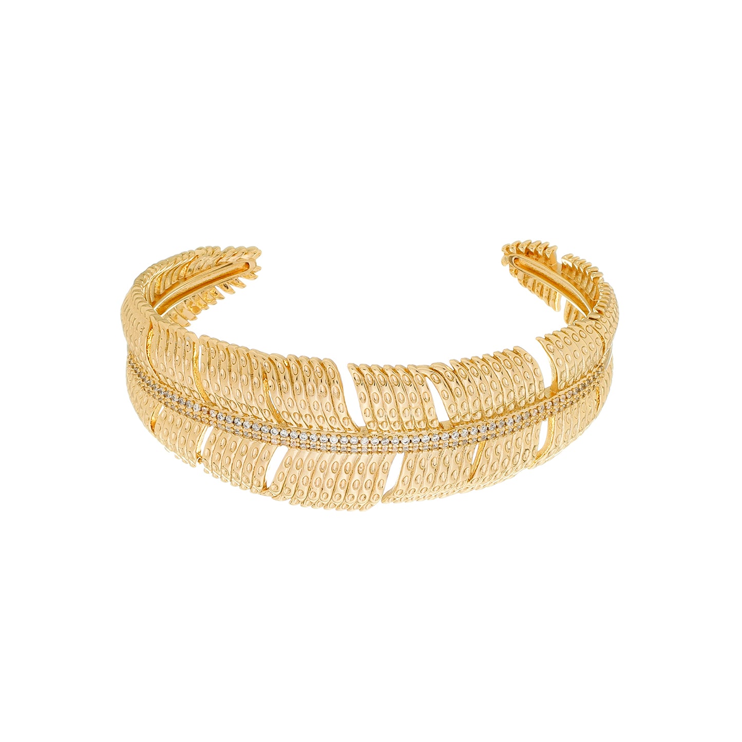 Bracelete Lilith Allure Dourado de Pena Cravejado de Zircônia. Lilith Allure Gold Feather Bracelet Encrusted with Zirconia