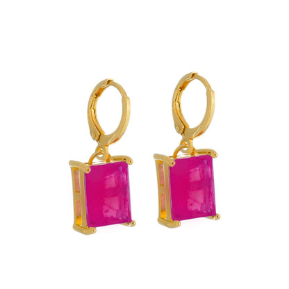 Brinco Lilith Allure Dourado Argolinha Pedra Retangular Rosa / Lilith Allure Gold Hoop Earring with Rectangular Pink Stone