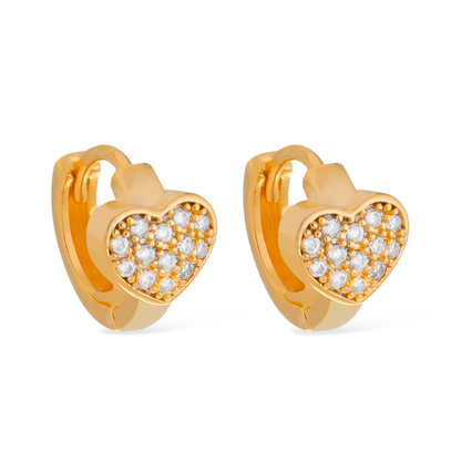 Brinco Lilith Allure Dourado de Argolinha Pequeno Coração Cravejado de Pedras / Lilith Allure Gold Small Hoop Earring with Pave Heart-Shaped Stones