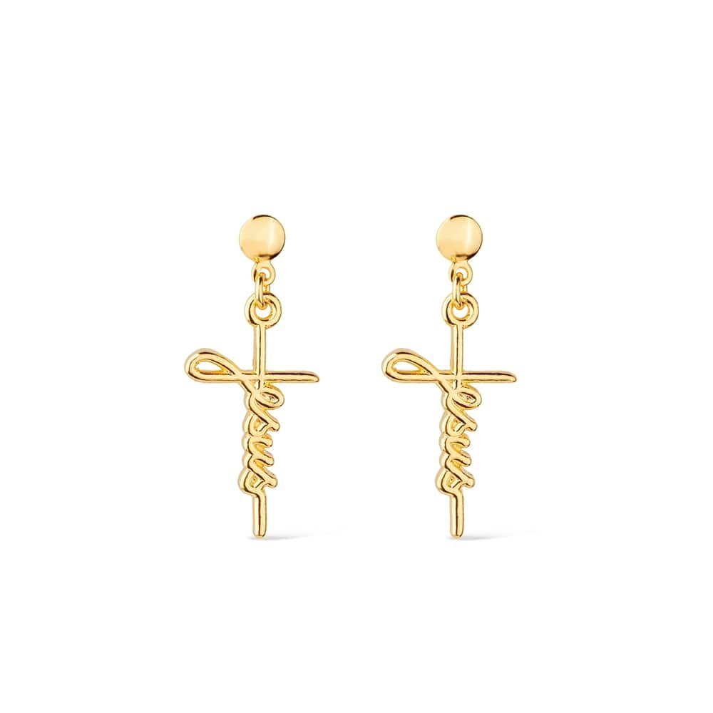 Brinco Lilith Allure Dourado de Cruz com a palavra Jesus / Lilith Allure Gold Cross Earrings with the Word "Jesus"