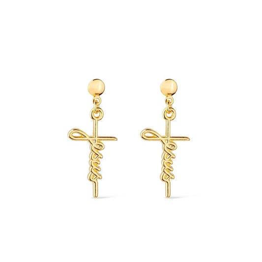 Brinco Lilith Allure Dourado de Cruz com a palavra Jesus / Lilith Allure Gold Cross Earrings with the Word "Jesus"