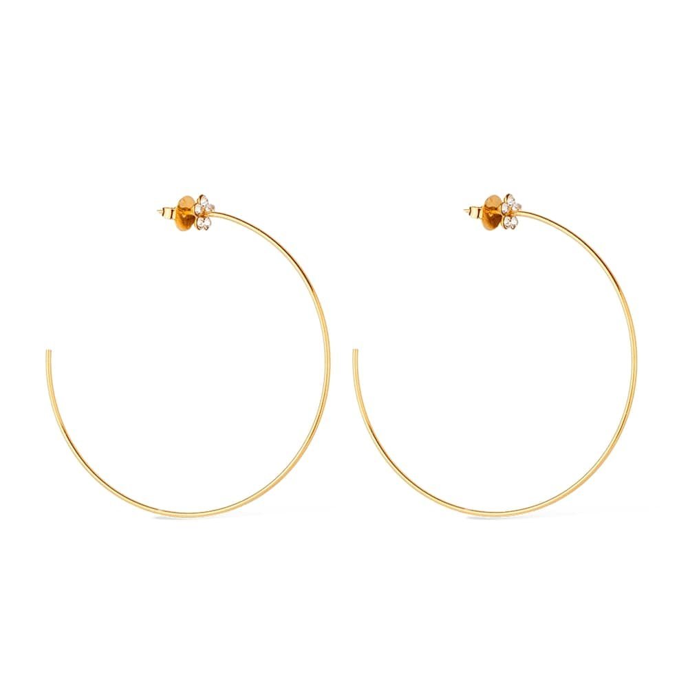 Brinco Lilith Allure Dourado Grande de Argola com Detalhe de Flor em Strass / Lilith Allure Large Gold Hoop Earrings with Rhinestone Flower Detail
