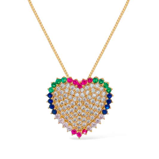 Colar Lilith Allure Dourado de Coração com Pedras Coloridas / Lilith Allure Gold Necklace with Heart and Colorful Stones