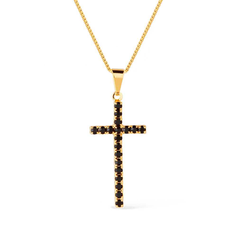 Colar Lilith Allure Dourado de Cruz Cravejado de Pedra Natural Negra / Lilith Allure Gold-Plated Necklace featuring a Cross Pendant Encrusted with Black Natural Stones