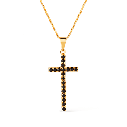 Colar Lilith Allure Dourado de Cruz Cravejado de Pedra Natural Negra / Lilith Allure Gold-Plated Necklace featuring a Cross Pendant Encrusted with Black Natural Stones