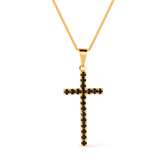 Colar Lilith Allure Dourado de Cruz Cravejado de Pedra Natural Negra / Lilith Allure Gold-Plated Necklace featuring a Cross Pendant Encrusted with Black Natural Stones