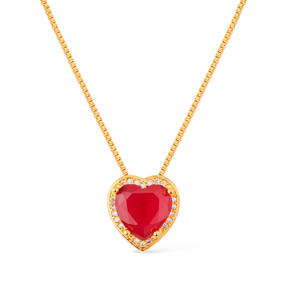 Colar Lilith Allure Dourado de Pedra Natural Vermelha Coração Cravejado de Zircônia / Lilith Allure Gold-Plated Necklace featuring a Red Natural Stone Heart Pendant, Encrusted with Zirconia