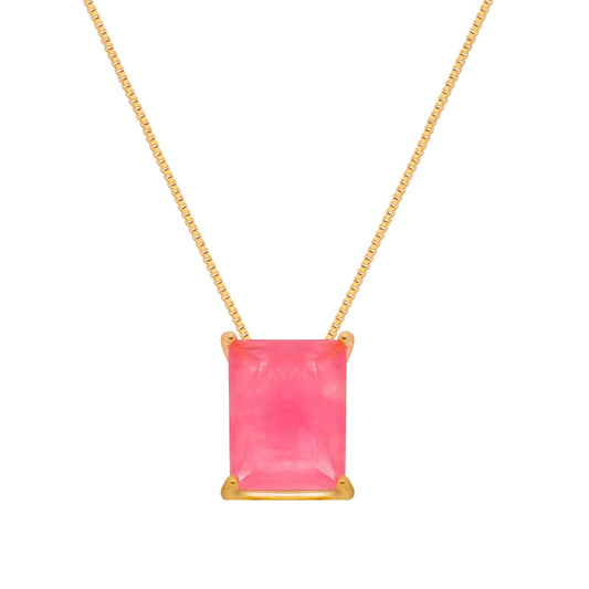 Colar Lilith Allure Dourado de Pedra Retangular Rosa / Lilith Allure Gold Necklace with Pink Rectangular Stone