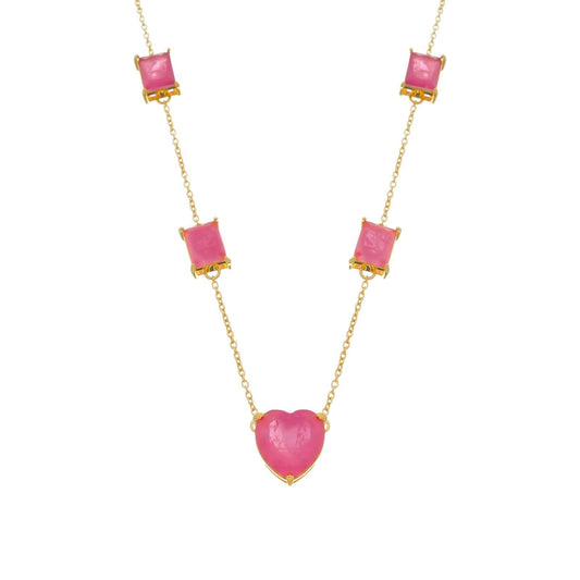 Colar Dourado de Pedras Coração e Retângulos Rosas / Lilith Allure Gold Necklace with Pink Heart and Rectangle Stones
