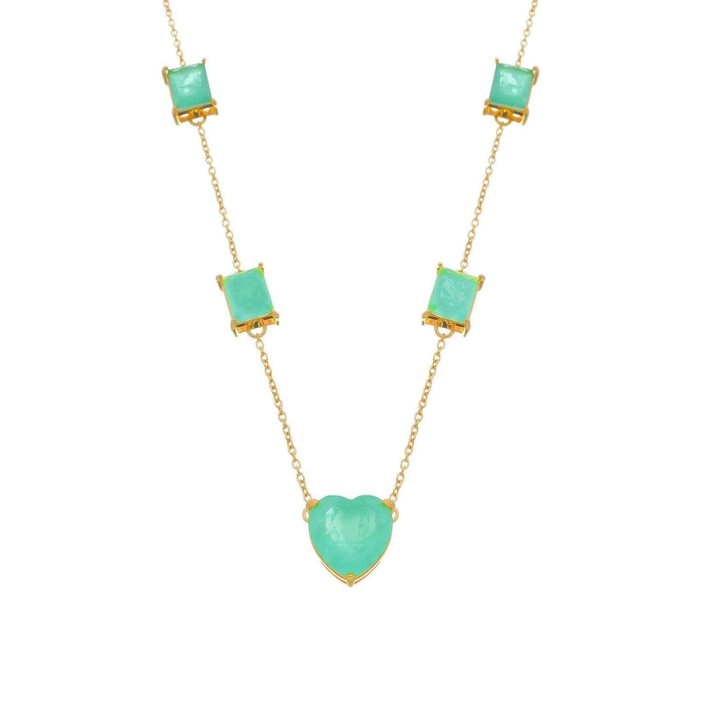 Colar Lilith Allure Dourado de Pedras Coração e Retângulos Verdes / Lilith Allure Gold Necklace with Green Heart and Rectangle Stones