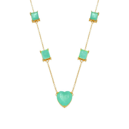 Colar Lilith Allure Dourado de Pedras Coração e Retângulos Verdes / Lilith Allure Gold Necklace with Green Heart and Rectangle Stones