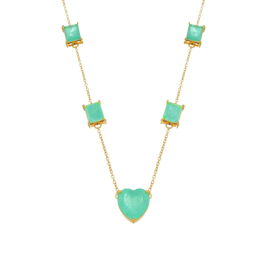Colar Lilith Allure Dourado de Pedras Coração e Retângulos Verdes / Lilith Allure Gold Necklace with Green Heart and Rectangle Stones