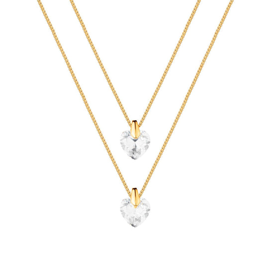 Colar Lilith Allure Dourado Duplo de Coração em Cristal / Lilith Allure Gold Double Necklace with Crystal Heart Pendant