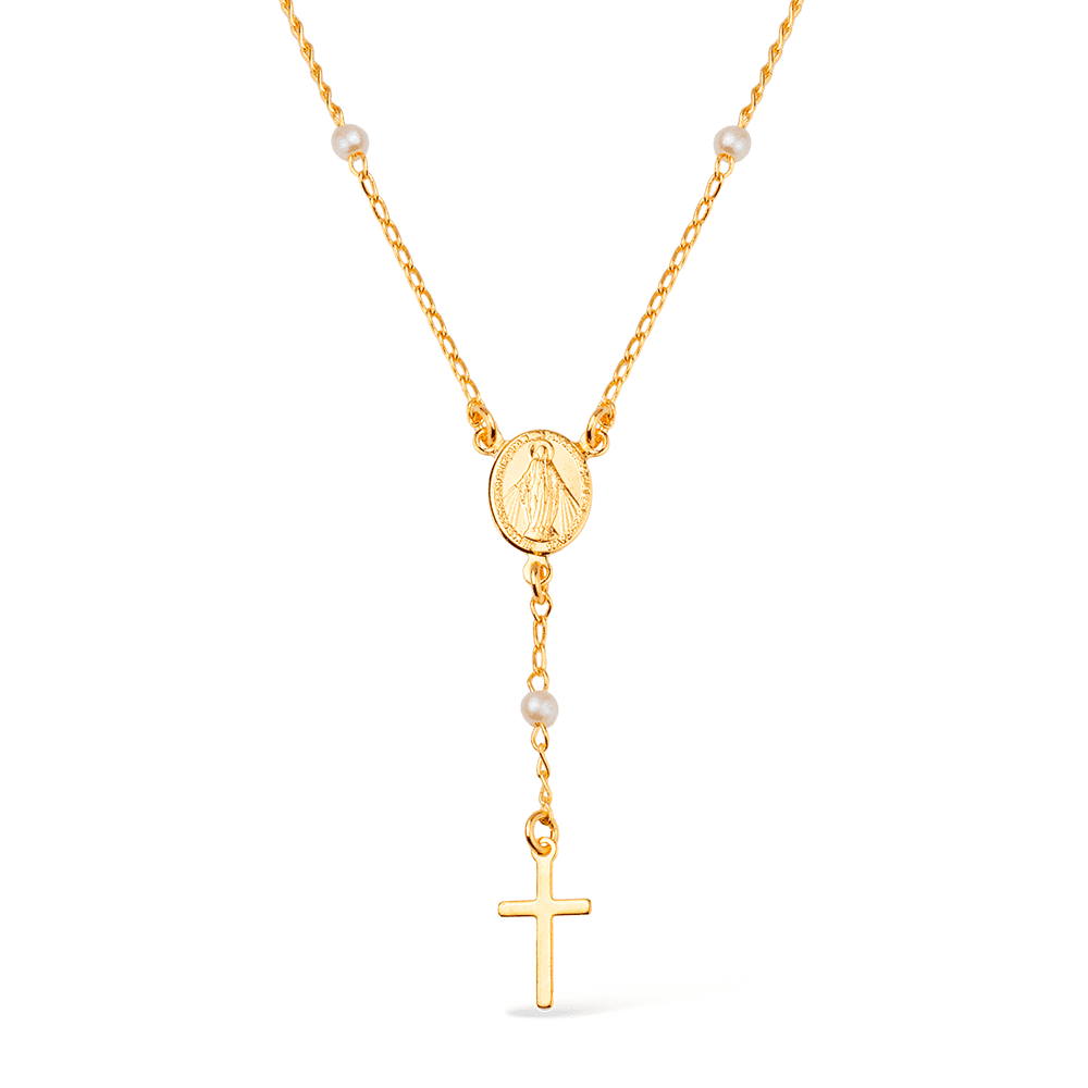 Colar Lilith Allure Dourado Religioso Terço Cruz e Pérolas / Lilith Allure Gold-Plated Religious Necklace featuring Rosary Beads, Cross Pendant, and Pearls