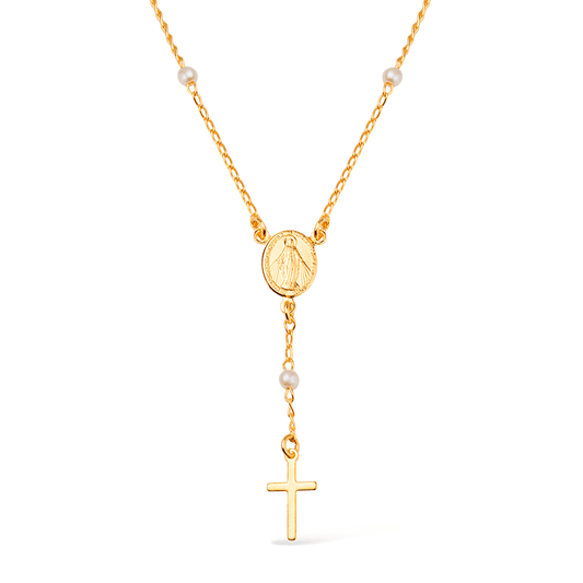 Colar Lilith Allure Dourado Religioso Terço Cruz e Pérolas / Lilith Allure Gold-Plated Religious Necklace featuring Rosary Beads, Cross Pendant, and Pearls