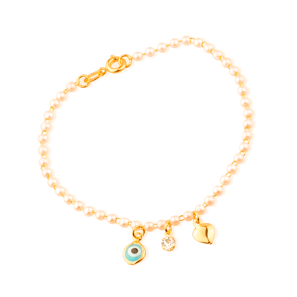 Pulseira Lilith Allure Dourada de Pérolas com Olho Grego Coração e Ponto de Luz / Lilith Allure Gold-Plated Pearl Bracelet featuring Evil Eye Charm, Heart Detail, and Sparkling Accent