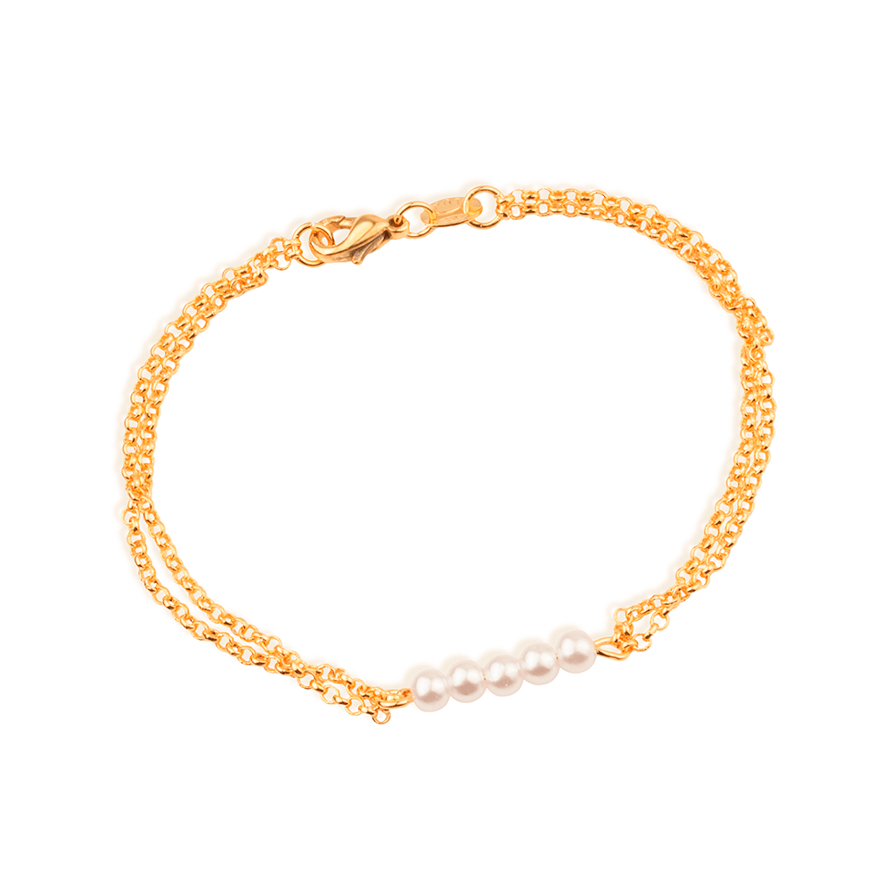 Pulseira Lilith Allure Dourada Dupla Elo Português com Pérolas / Gold Lilith Allure Bracelet Double Portuguese Link with Pearls
