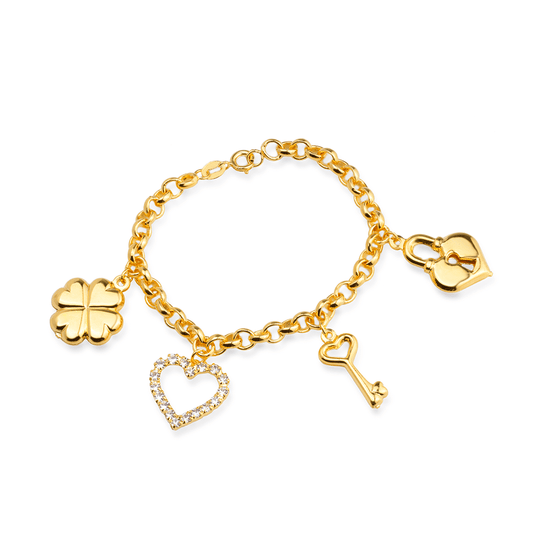 Pulseira lilith Allure Dourada Elo Português com Coração, Cadeado, Trevo e Chave / Lilith Allure Gold Bracelet with Portuguese Links, Heart, Lock, Clover, and Key