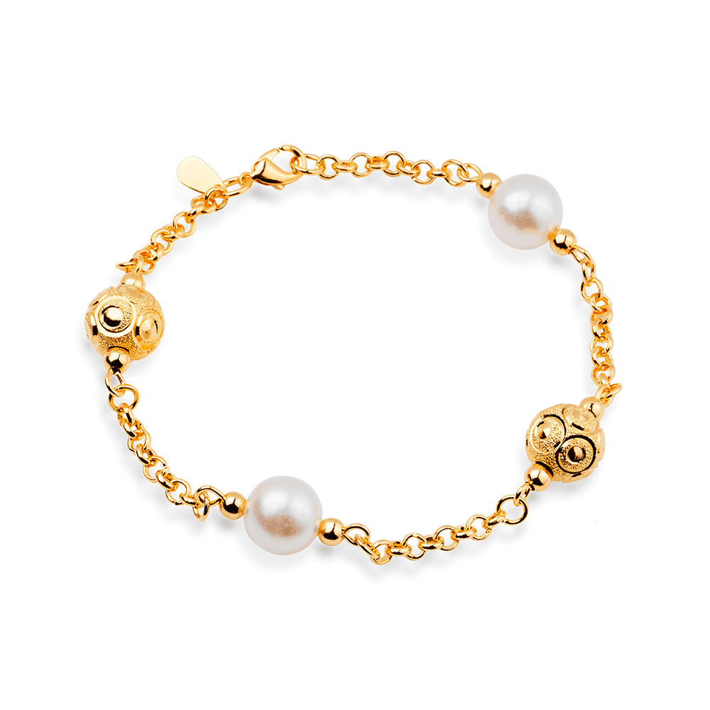Pulseira Lilith Allure Dourada Elo Português com Pérolas e Esferas Vazadas / **Gold Lilith Allure Bracelet Portuguese Link with Pearls and Hollow Beads**
