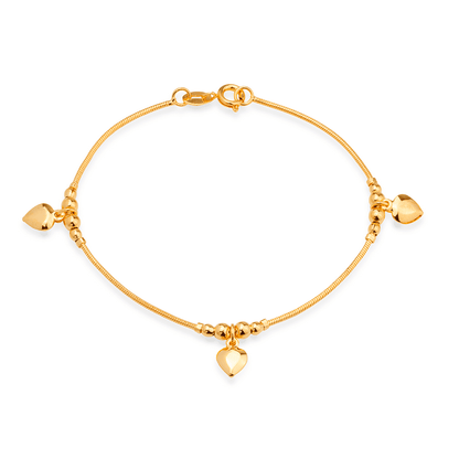 Pulseira Lilith Allure Dourada Lisa com 3 Pingentes de Coração / Lilith Allure Gold Smooth Bracelet with 3 Heart Pendants