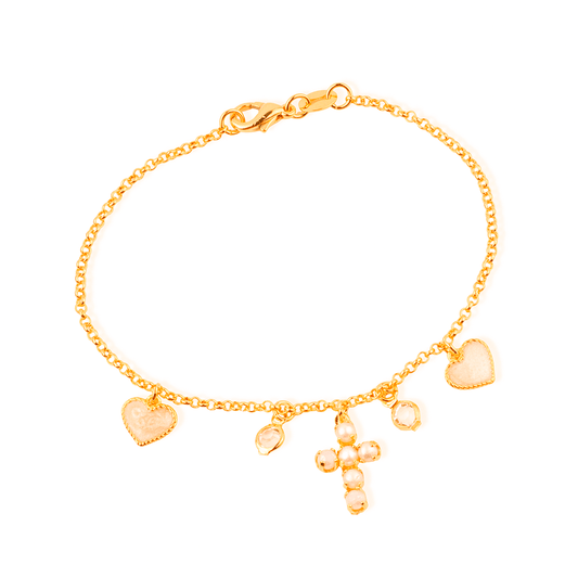 Pulseira Lilith Allure Dourada Religiosa Cruz de Pérolas Coração Madrepérola Ponto de Luz / ilith Allure Gold Bracelet with Religious Pearl Cross, Mother-of-Pearl Heart, and Sparkling Accent